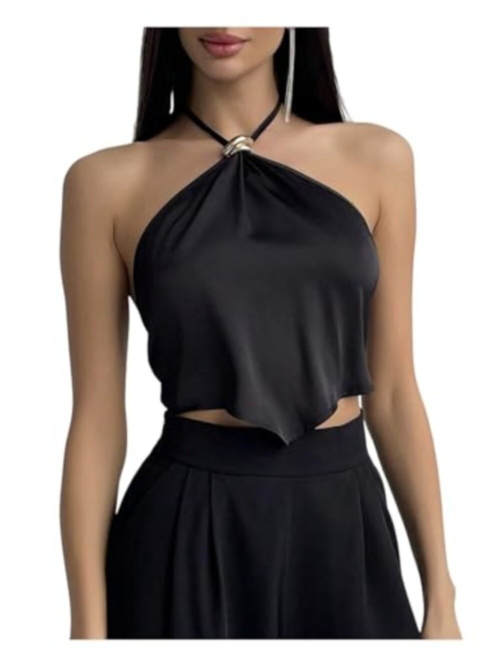Satin Halter Top Tie Back Backless Sleeveless Asymmetrical Crop Top